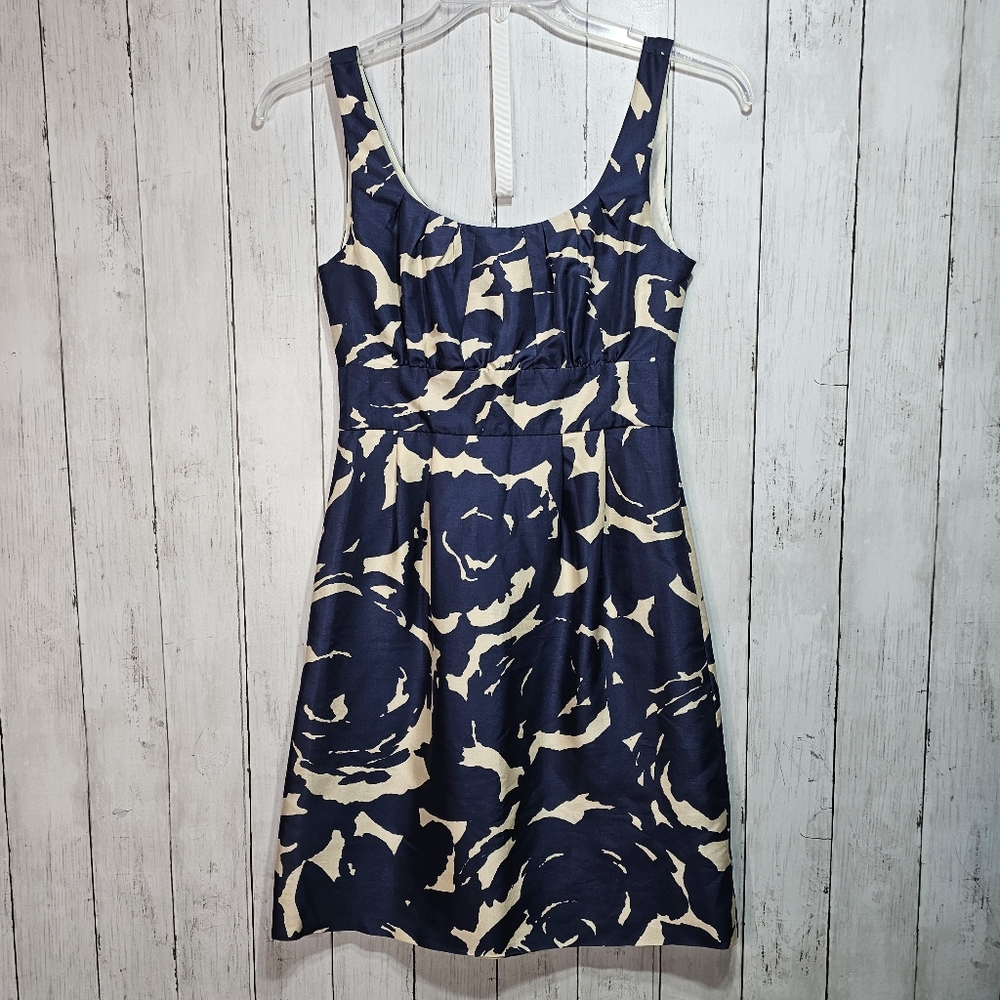 J. Crew Women's Blue Cream 100% Silk Floral Print Sheath Dress Size 2 Lined.